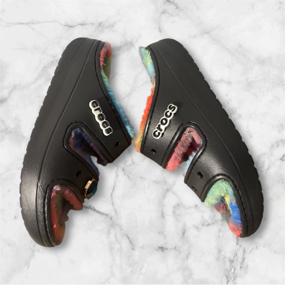 CROCS Multicolor Fuzzy Sandals with Black Straps